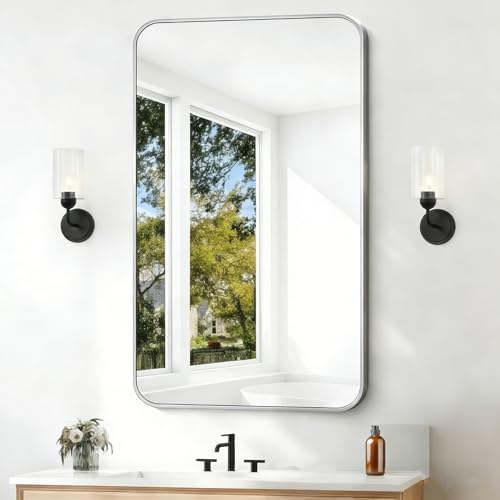 BONEWEI Silver Bathroom Mirror,24x40 inch Wall Mirror for Bathroom Wall Mounted,Rectangle Mirror for Bathroom Over Sink,Modern Frame Round Corner for Living Room,Bedroom Entryway,Horizontal/Vertical