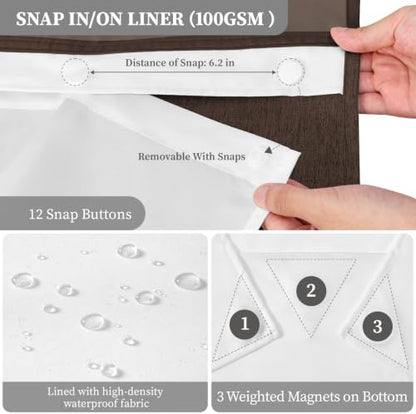 BTTN 72x81 Ringless Linen Textured Shower Curtain with Snap in Liner, Brown