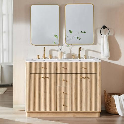 T4TREAM 48" Fluted Bathroom Vanity with Double Sink, Natural Oak