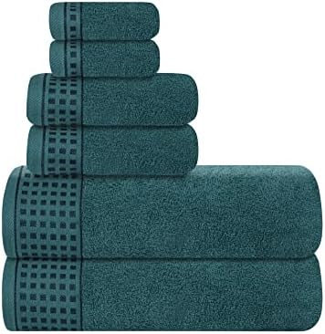 GLAMBURG 100% Cotton Ultra Soft 6 Pack Towel Set, Contains 2 Bath Towels 28x55 Inches, 2 Hand Towels 16x24 Inches & 2 Wash Coths 12x12 Inches, Compact Absorbent Lightweight & Quickdry - Teal