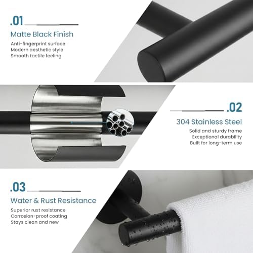Towel Bar, 24 Inch Towel Racks for Bathroom Wall Mounted, SUS304 Stainless Steel Bathroom Towel Holder, Modern Home Decor Towel Rod and Kitchen Towel Shelf (Matte Black)