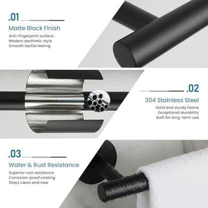 Towel Bar, 24 Inch Towel Racks for Bathroom Wall Mounted, SUS304 Stainless Steel Bathroom Towel Holder, Modern Home Decor Towel Rod and Kitchen Towel Shelf (Matte Black)
