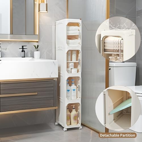 Narrow Storage Cabinet,2-Tier Slim Bathroom Organizer with Wheels,Beige