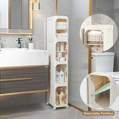 Narrow Storage Cabinet,2-Tier Slim Bathroom Organizer with Wheels,Beige