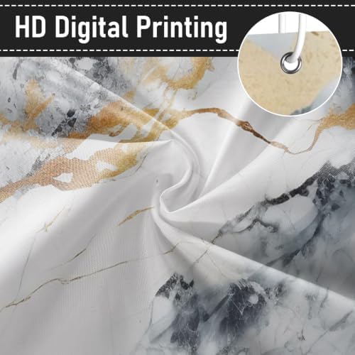 Abstract Marble Shower Curtain Modern Charcoal Luxury Gold Ink Texture Gray Ombre Watercolor Bathroom Curtain Set with Hooks Soft and Lightweight Waterproof Fabric Machine Washable 48" Wx72 L