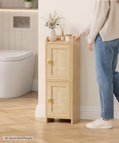 Akxomel Rattan Small Bathroom Cabinet Narrow Toilet Paper Organizer Oak
