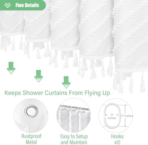 Dynamene Extra Long Boho Fabric Shower Curtain Tufted Chevron 72"x84" White