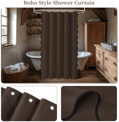 BTTN Boho Scalloped Linen Textured Cloth Shower Curtain Set, 60x84, Brown
