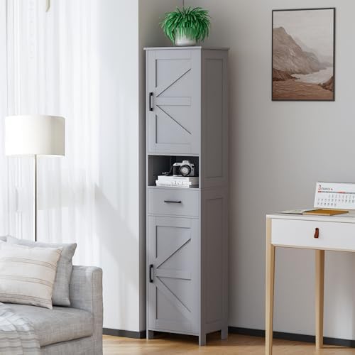 Homhedy 67" H Tall Bathroom Storage Cabinet with Barn Doors and Drawer
