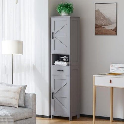 Homhedy 67" H Tall Bathroom Storage Cabinet with Barn Doors and Drawer