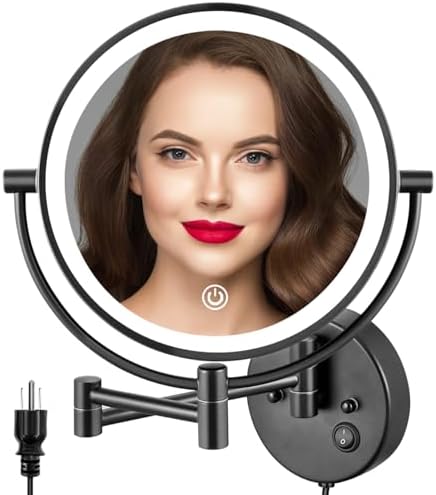 ALHAKIN 9" Wall Mounted Lighted Makeup Mirror, Large Double Sided 1X/10X Magnifying Mirror with 3 Color Lights Dimmable, 360° Rotation, Black