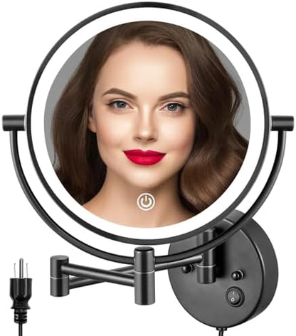ALHAKIN 9" Wall Mounted Lighted Makeup Mirror, Large Double Sided 1X/10X Magnifying Mirror with 3 Color Lights Dimmable, 360° Rotation, Black