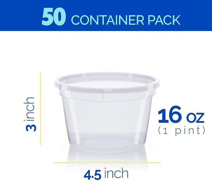 Healthy Packers 50 Set 16 oz Plastic Deli Containers with Lids – Clear Plastic Containers with Lids for Food – BPA Free, Leakproof, Stackable, Microwave & Freezer Safe
