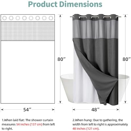 No Hook Waffle Shower Curtain with Snap-in Liner, 54x80 Inch, Charcoal
