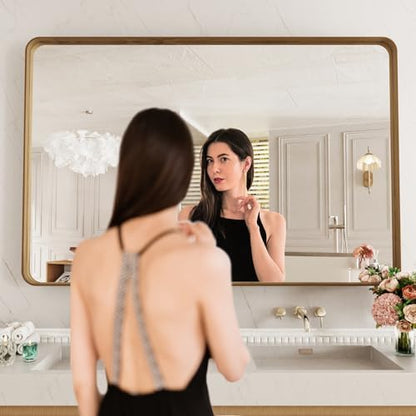 LOAAO 55X30 Inch Bathroom Mirror with Wood Grain Colored Metal Frame