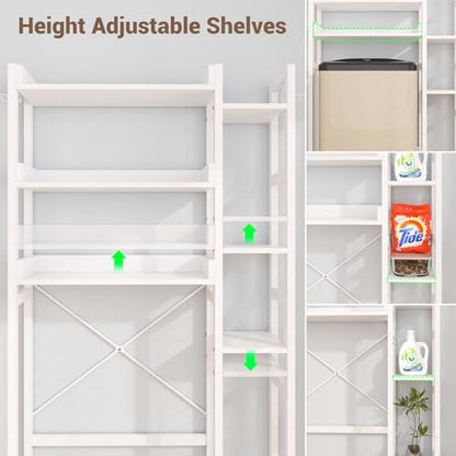 Besiost Over The Toilet Storage, 7 Tier Bathroom Organizer with Reversible Side Shelf and 2 Fabric Drawers, Adjustable Freestanding Rack Space Saver for Small Spaces, White
