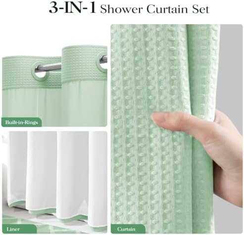 Dynamene Mint Green Hook Free Waffle Shower Curtain & Snap-in Liner,72x81