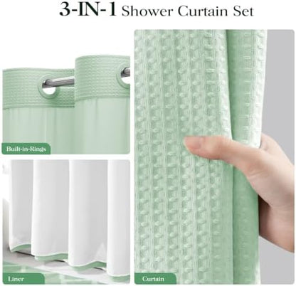 Dynamene Mint Green Hook Free Waffle Shower Curtain & Snap-in Liner,72x99