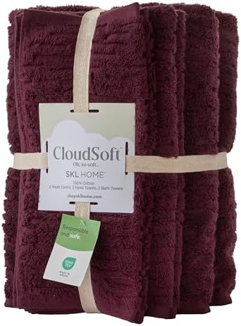 SKL Home CloudSoft Bath Towel Set, 6-Piece, 100% Cotton Luxury, Bordeaux