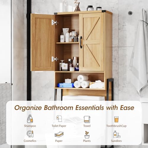 Vabches Over The Toilet Storage Cabinet with 2-Door Design Bathroom Organizers and Storage with Anti-Tip Device Over Toilet Organizer with Shelves for Bathroom,Restroom,Laundry Natural
