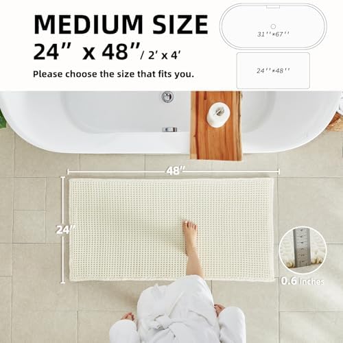 TYUU Cream White Waffle Bath Mat, Boho Bathroom Rugs Non Slip, 48x24