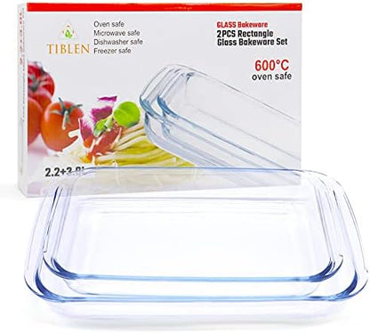 2-Pack Glass Baking Dishes – 102 oz & 75 oz (2.2 L + 3.0 L) Large Oven-Microwave-Freezer Safe Borosilicate Glass Bakeware for Cooking & Food Storage