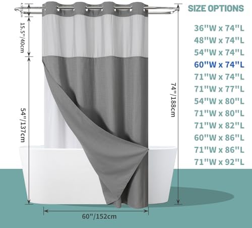 eachope No Hook Waffle Shower Curtain with Snap-in Liner, 60x74 Inch, Grey