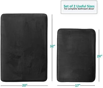 Clara Clark 2 Piece Bathroom Rugs Bath Mat Set, Velvet Memory Foam Bath Mats for Bathroom - Non-Slip, PVC Backing Bath Rugs, Washable - Dries Quickly, Black