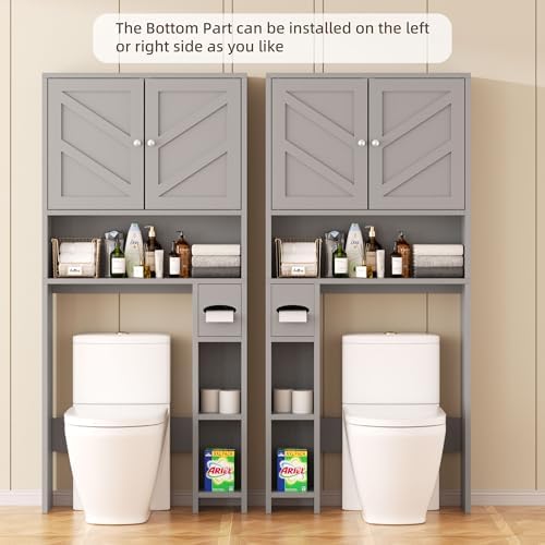 Shintenchi Over the Toilet Storage Cabinet, Bathroom Storage Cabient with Barn Doors, Bathroom Storage Shelf Organizer with Toilet Paper Holder, Adjustable Shelf and Anti-Tip Device, Gray
