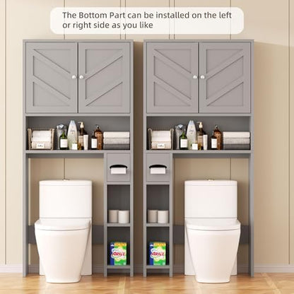 Shintenchi Over the Toilet Storage Cabinet, Bathroom Storage Cabient with Barn Doors, Bathroom Storage Shelf Organizer with Toilet Paper Holder, Adjustable Shelf and Anti-Tip Device, Gray