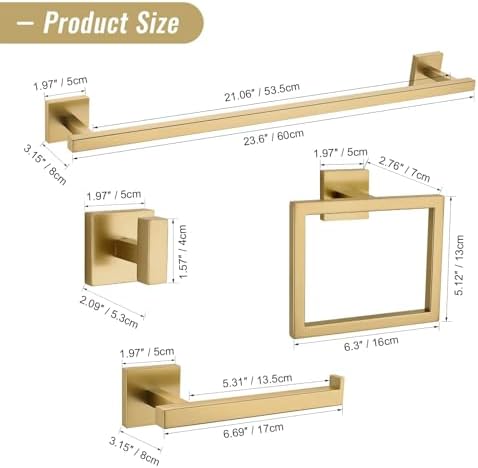 YACVCL Towel Bar Set, 5-Piece Brushed Gold Bathroom Hardware Set, Gold Bathroom Accessories Set, SUS304 Stainless Steel 23.6 Inch Towel Holder Towel Racks Set Wall Mounted