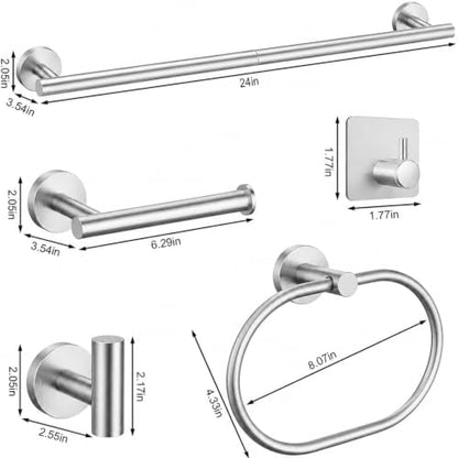 Silver Bathroom Accessories Set, 7 Pieces Silver Towel Bar Bathroom Hardware Set, 24 Inch Towel Racks for Bathroom, SUS304 Stainless Steel Bathroom Towel Holder Toilet Paper Holder Wall Mounted