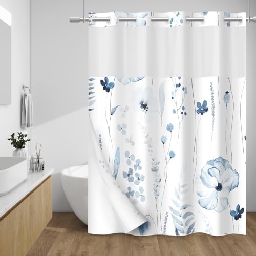 WITHLOC No Hook Floral Shower Curtain with Liner, Moonlight Blue, 71x74