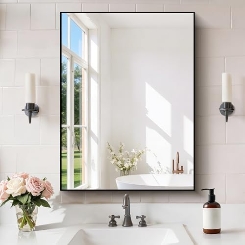 COFENY Black Bathroom Mirror for Wall, 24x32 Inch Rectangle Mirror with Metal Frame, Modern Vanity Mirrors for Bathroom Living Room, Entryway Hangs Horizontal or Vertical