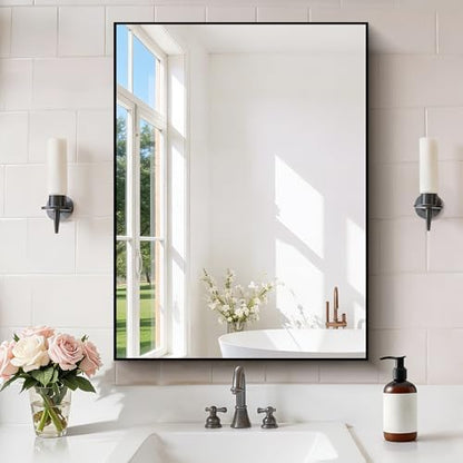 COFENY Black Bathroom Mirror for Wall, 24x32 Inch Rectangle Mirror with Metal Frame, Modern Vanity Mirrors for Bathroom Living Room, Entryway Hangs Horizontal or Vertical