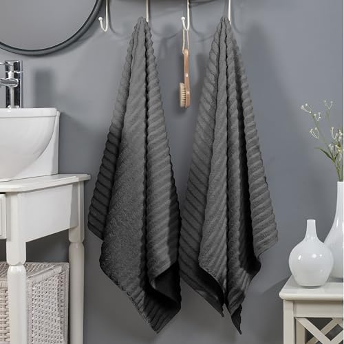 Elegant Comfort 100% Turkish Cotton Corduroy Ribbed Luxury Soft 2 Pack Bath Towels 27 x 54 Inch - Ultra Plush, Absorbent, Quick Dry, Hotel Spa Quality Towels for Bathroom Essentials, Gray