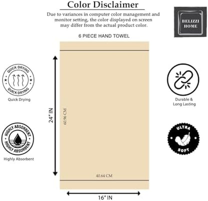 Belizzi Home Ultra Soft Cotton 6 -Piece Hand Towel Set 16x24, Ideal for use in Bathroom, Kitchen, Gym, Spa - Compact, Eco-Friendly, Lightweight - Multi Purpose Hand Towels - Tan