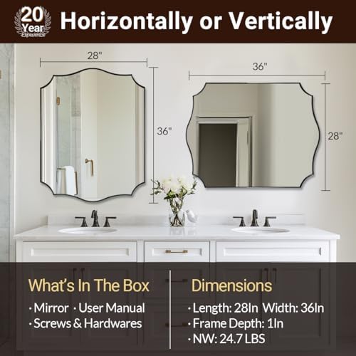 ANDY STAR Bathroom Mirror, 28x36 Inch Matte Black Vanity Mirror, Unique Rectangle Mirror with Sophisticated Curved Design, Ideal for Bathroom Remodel (Vertical or Horizontal)