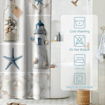 Beach Small Shower Curtain Ocean Modern Nautical Theme Fabric Aesthetic Lighthouse Seashell Bathroom Decor Sets with Grommets and Hooks 36 W x 72 H Inches Blue and White