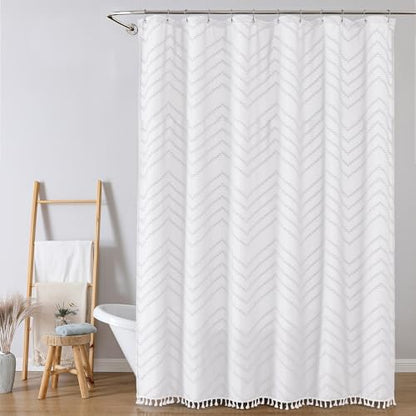 OWENIE Extra Long White Boho Shower Curtain, Chic Tufted Chevron Striped Textured Cloth Fabric Shower Curtains with Tassel for Bathroom, Soft Hotel Style Farmhouse, Machine Washable, 72x96
