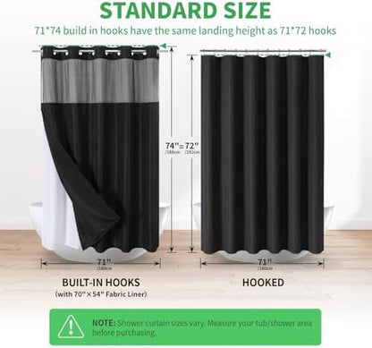 eachope No Hooks Needed Linen Textured Shower Curtain with Snap-in Fabric Liner Set,Black Hotel Luxury Decor Shower Curtains for Bathroom with Mesh Top Window,Waterproof & Washable,71Wx74H