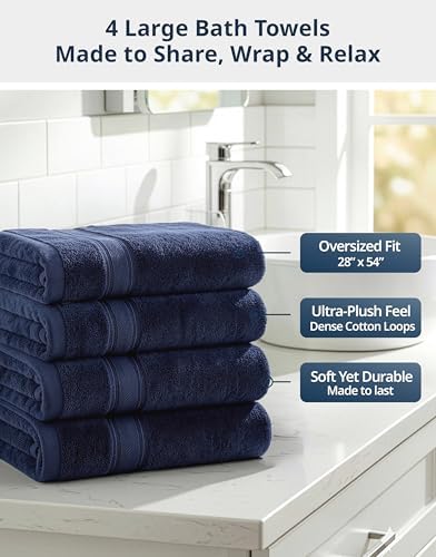 LANE LINEN Bath Towel Set 100% Cotton 4 Piece Soft Absorbent - Navy