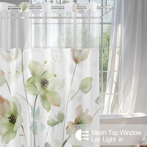 No Hook Shower Curtain and Liner Set, Light Green Floral 71x74