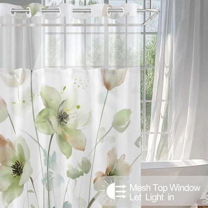 No Hook Shower Curtain and Liner Set, Light Green Floral 71x74