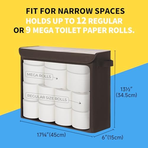 Cupic Cupid Toilet Paper Storage Baskets, Bathroom Toilet Paper Storage with Lid, Holds 12 Regular or 9 Mega Rolls, Slim Toilet Tissue Holder Basket with Clear PVC Lid and Handles, Brown