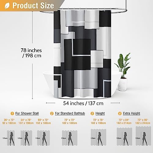 BTTN 54 x 78 Modern Geometric Waterproof Fabric Shower Curtain Set, Black