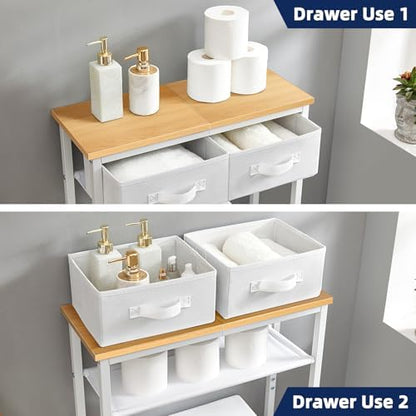MOHOPE 2-Tier Over The Toilet Storage with 2 Fabric Drawers, Freestanding Above The Toilet Storage Cabinet, Space Saver Metal Over Toilet Bathroom Organizer Shelf for Small Space, Natural and White