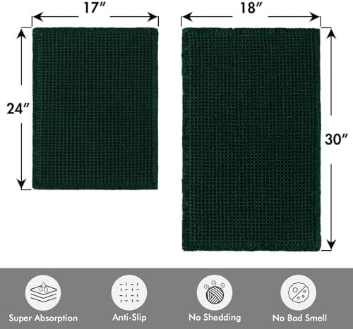 MIULEE Set of 2 Waffle Bathroom Rugs Dark Green Bath Mat 17"x24"+18"x30"
