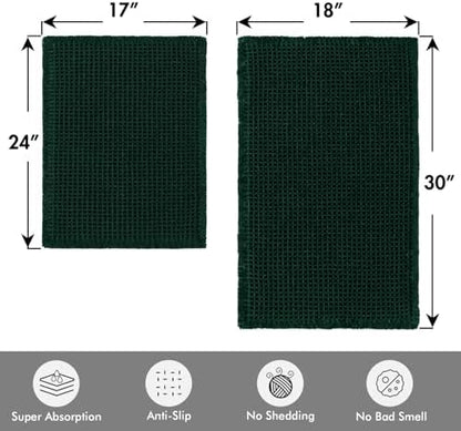 MIULEE Set of 2 Waffle Bathroom Rugs Dark Green Bath Mat 17"x24"+18"x30"