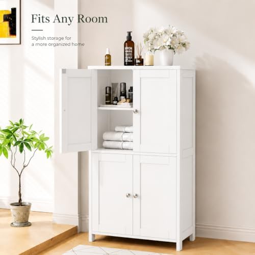 Nuturelly Bathroom Floor Storage Cabinet, 4 Doors, Anti-Tip, White